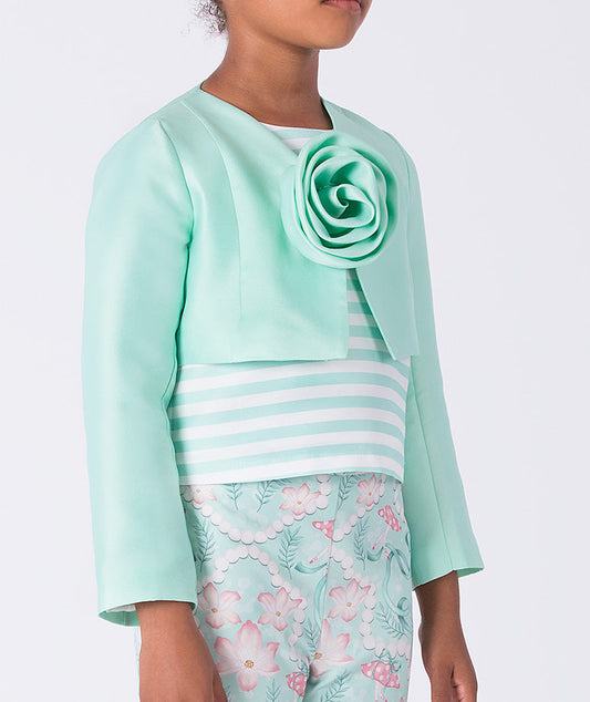 Light blue outfit with floral patterned skirt on a white background