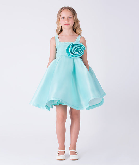 3D Çiçek Aplikli Mint Kız Çocuk Elbisesi