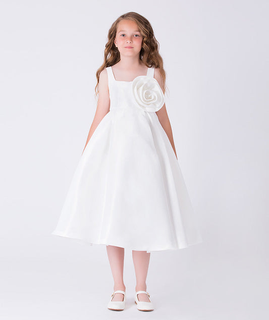 3D Flower Applique Girls Dress in white with sculptural flower detail, sleeveless design, and flared skirt, front view.
