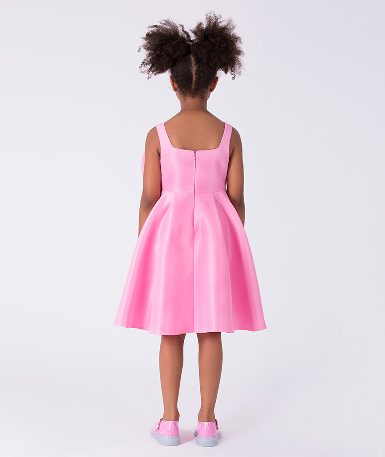 Back view of 3D Flower Applique Girls Dress featuring fit and flare silhouette, knee length skirt, and hidden zipper.