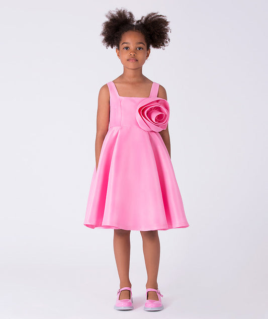 3D Flower Applique Girls Dress with sculptural flower detail, sleeveless design, and flared skirt, front view.