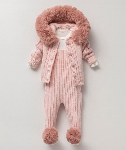 Pembe Kürklü Triko Bebek Seti | 3 Parça