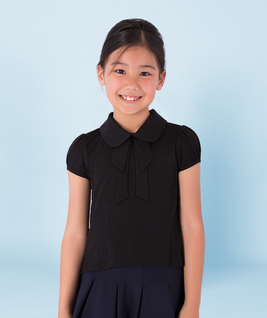 a black short-sleeve top with a peter pan collar and bow detail