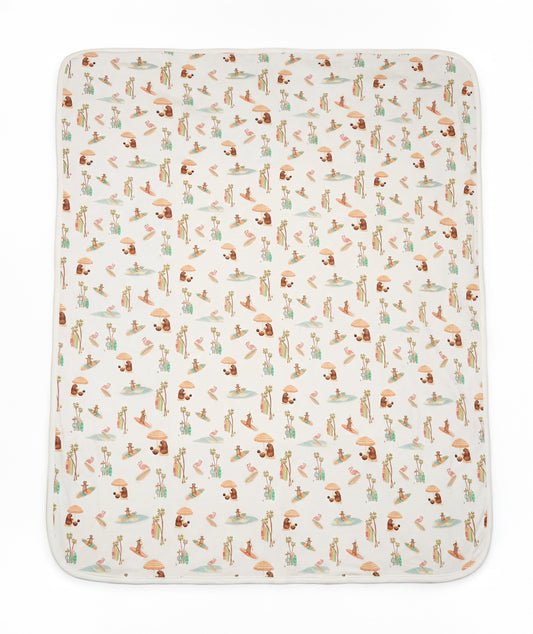 Patterned blanket with animal illustrations on a white background