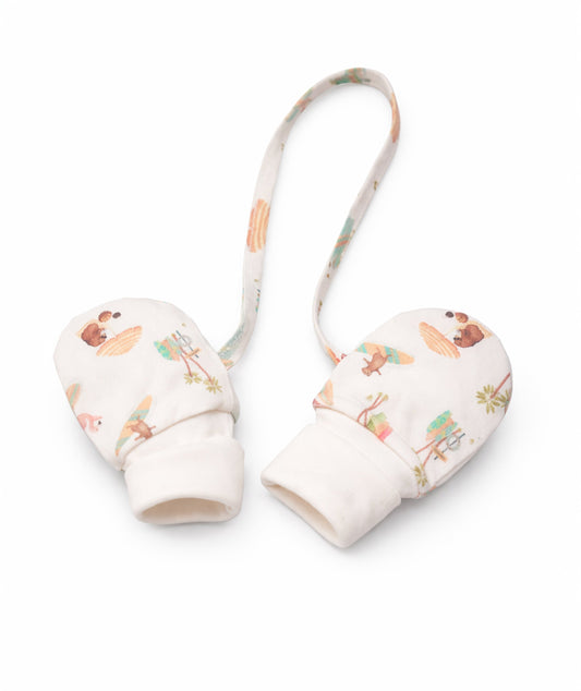 Pair of baby mittens with a strap on a white background