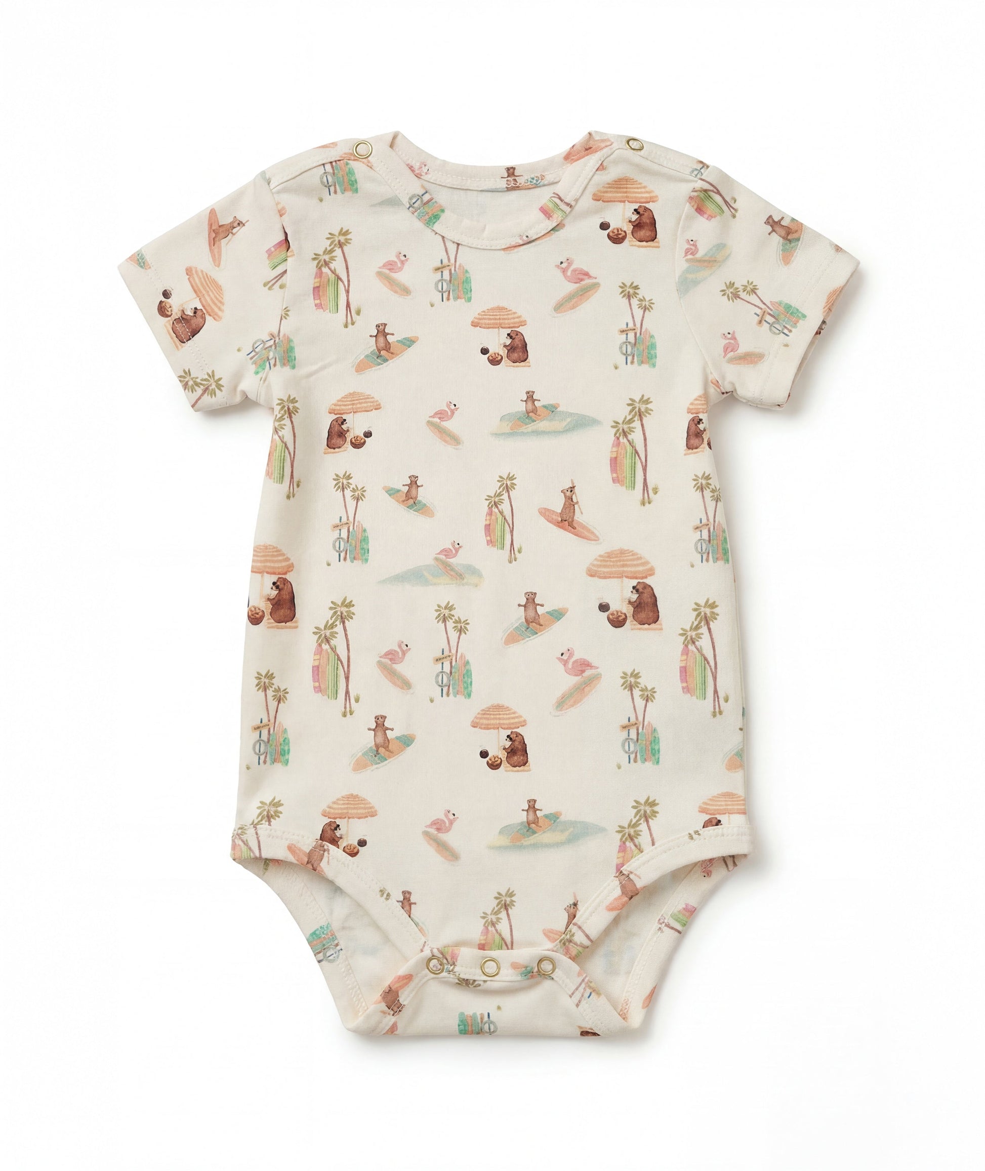Casa Marisol Beach baby bodysuit with surfing animals palm trees and surfboards California inspired newborn outfit
