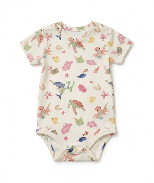 Casa Marisol Ocean baby bodysuit with turtles octopus tropical fish and coral underwater illustrated newborn outfit