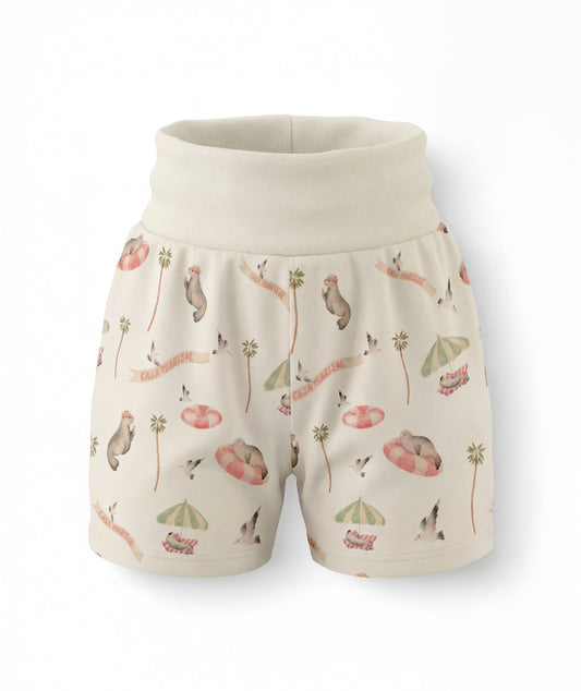 Shorts with a nature-themed print on a white background