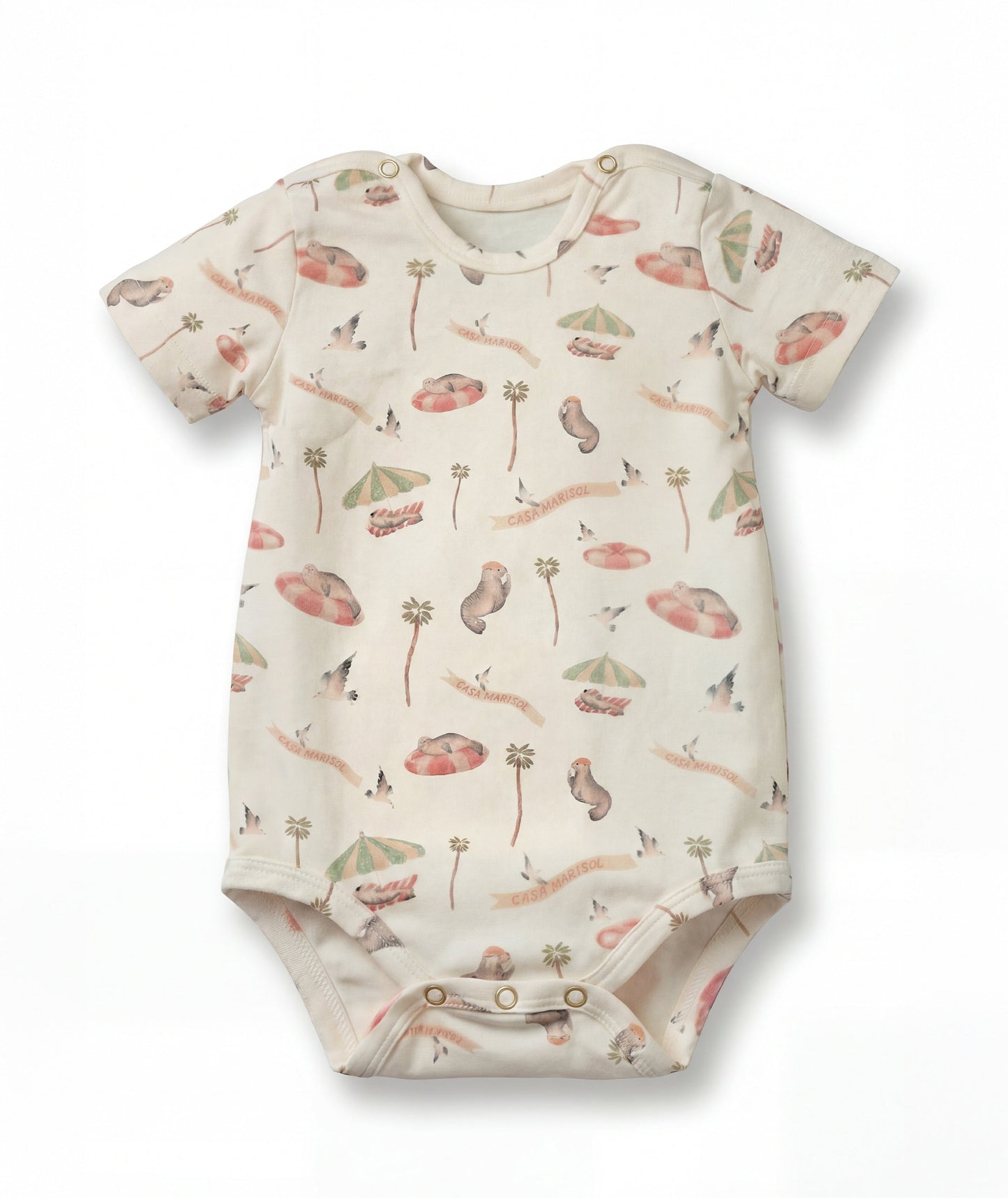 Baby onesie with nature-themed print on a white background