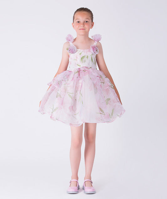 Front view of a floral chiffon girls dress by Mama Luma, designed for special occasions with airy layers and elegant movement for ages 3–12.