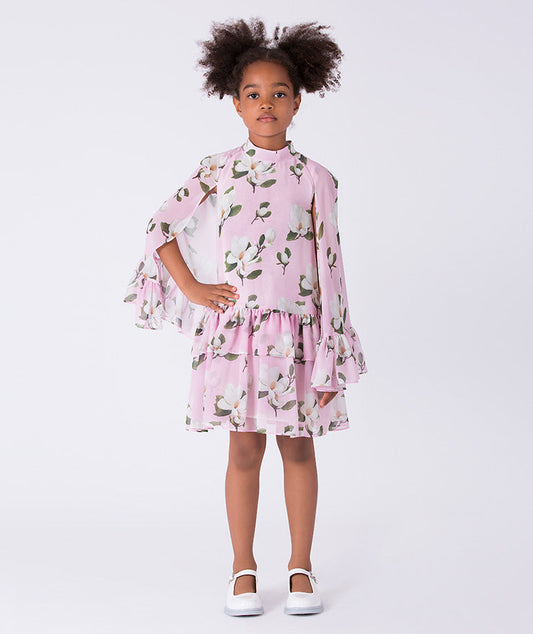 Girls floral dress by Mama Luma featuring tiered bell sleeves, a high neckline, and a softly gathered skirt, suitable for birthdays and special occasions, sizes 3–12