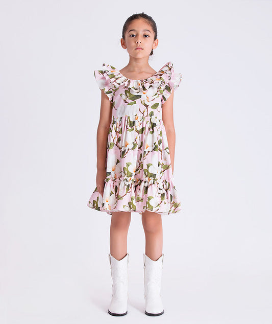 Girls floral dress by Mama Luma featuring a ruffle collar, gathered waist, and flared skirt, suitable for birthdays and special occasions, sizes 3–12