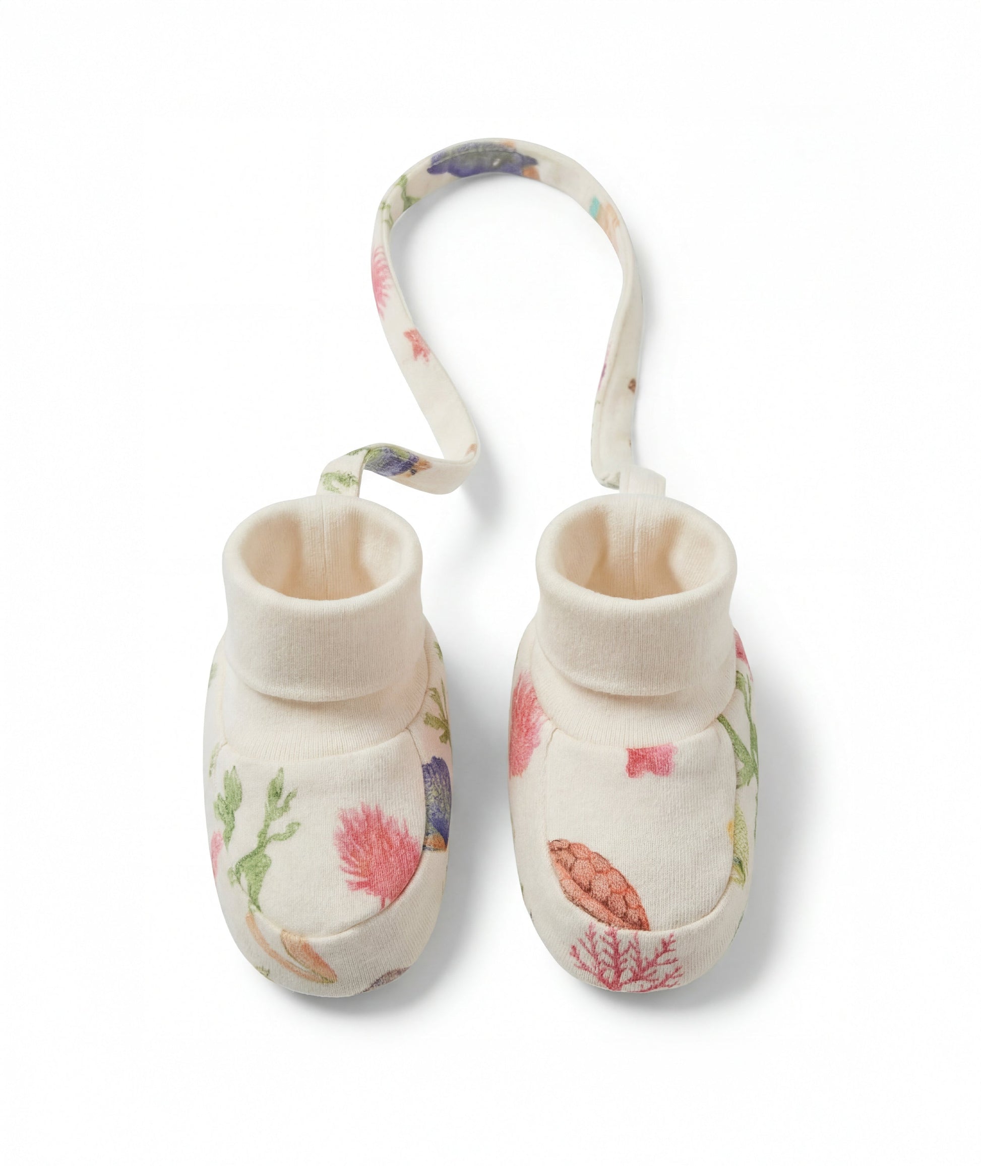 Pair of baby booties with floral design on a white background