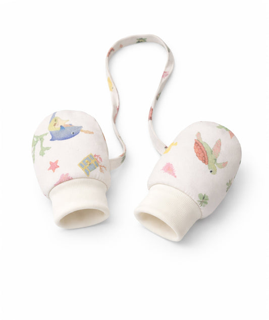 Pair of baby mittens with floral design on a white background
