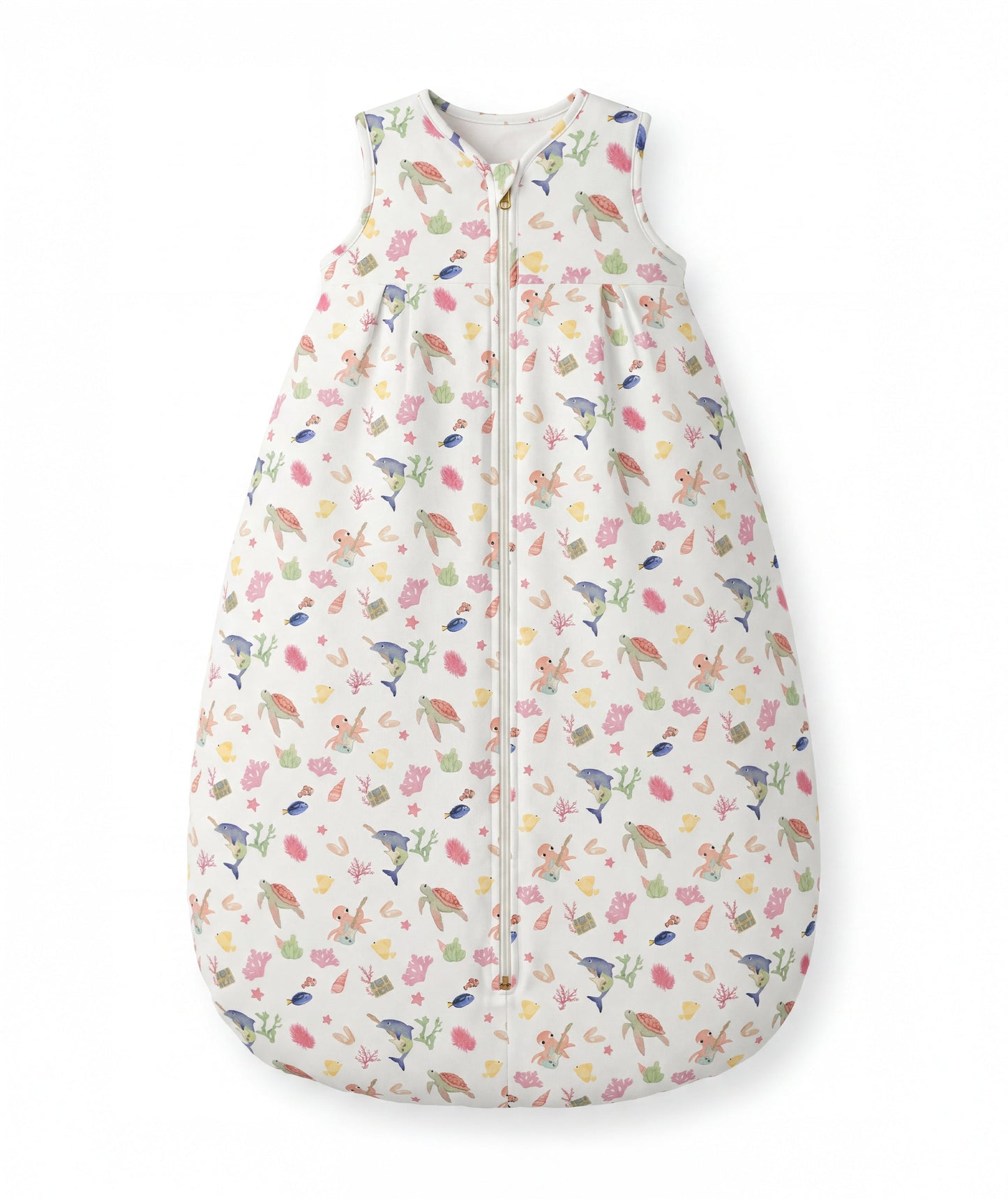 Children's sleeping bag with colorful animal pattern on a white background