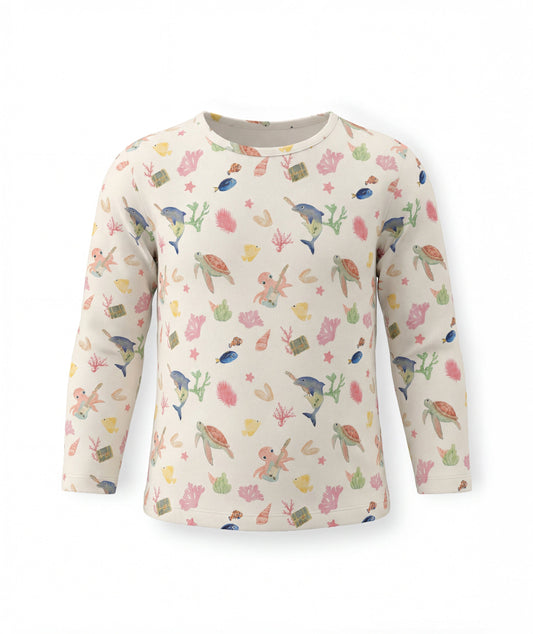Children's long-sleeve shirt with colorful sea-themed pattern on a white background