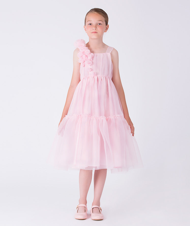 Young girl wearing a pink dress with floral details on a white background