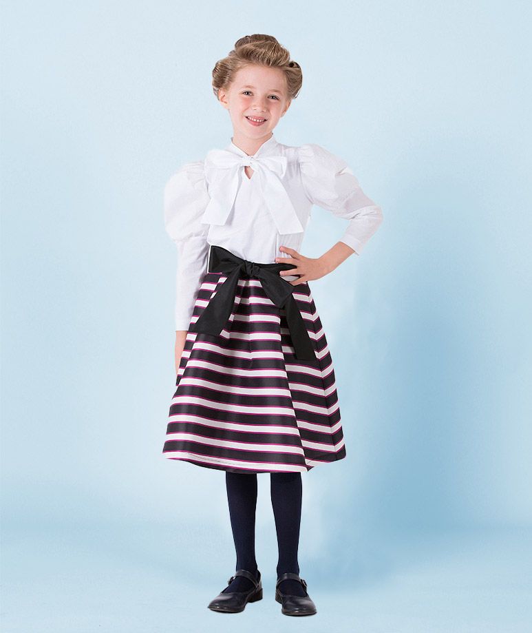 a white puff-sleeve blouse with a bow