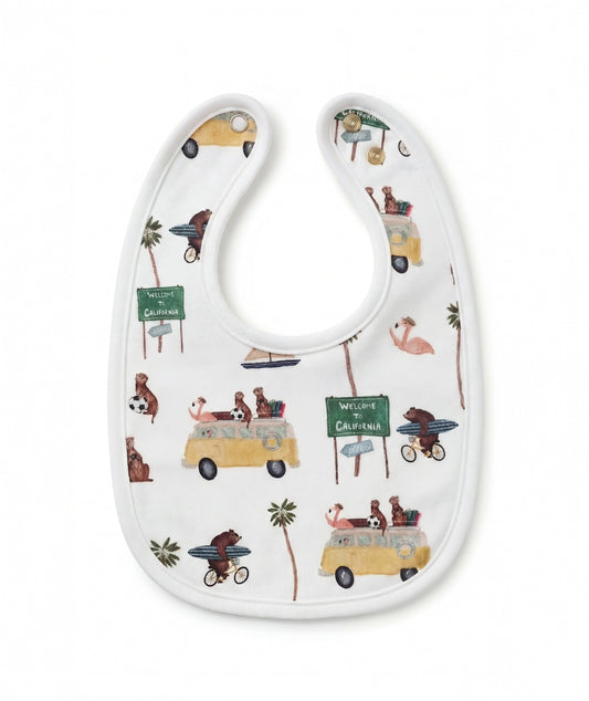 Baby bib with cartoon designs on a white background
