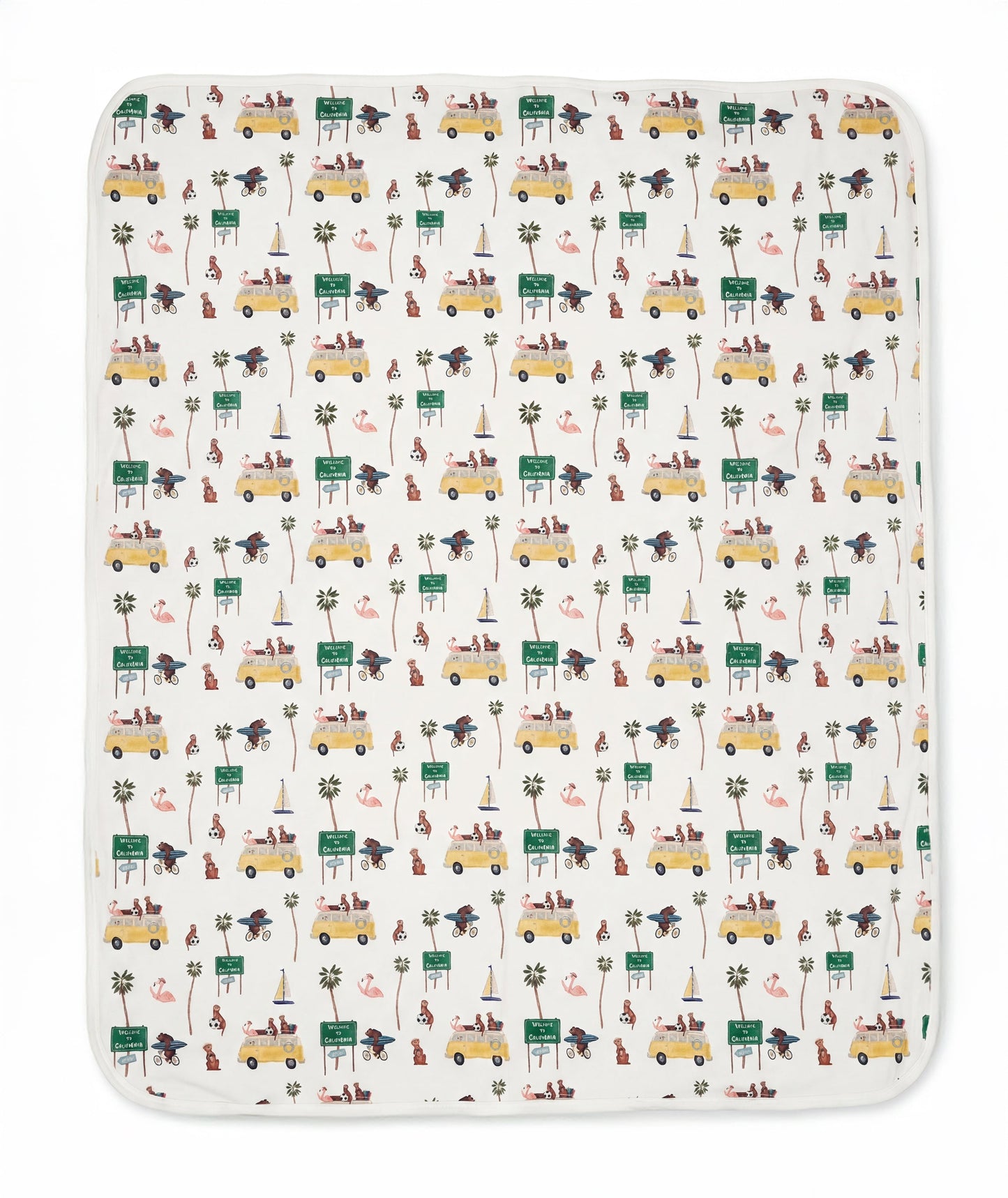Patterned blanket with vehicles and nature elements on a white background