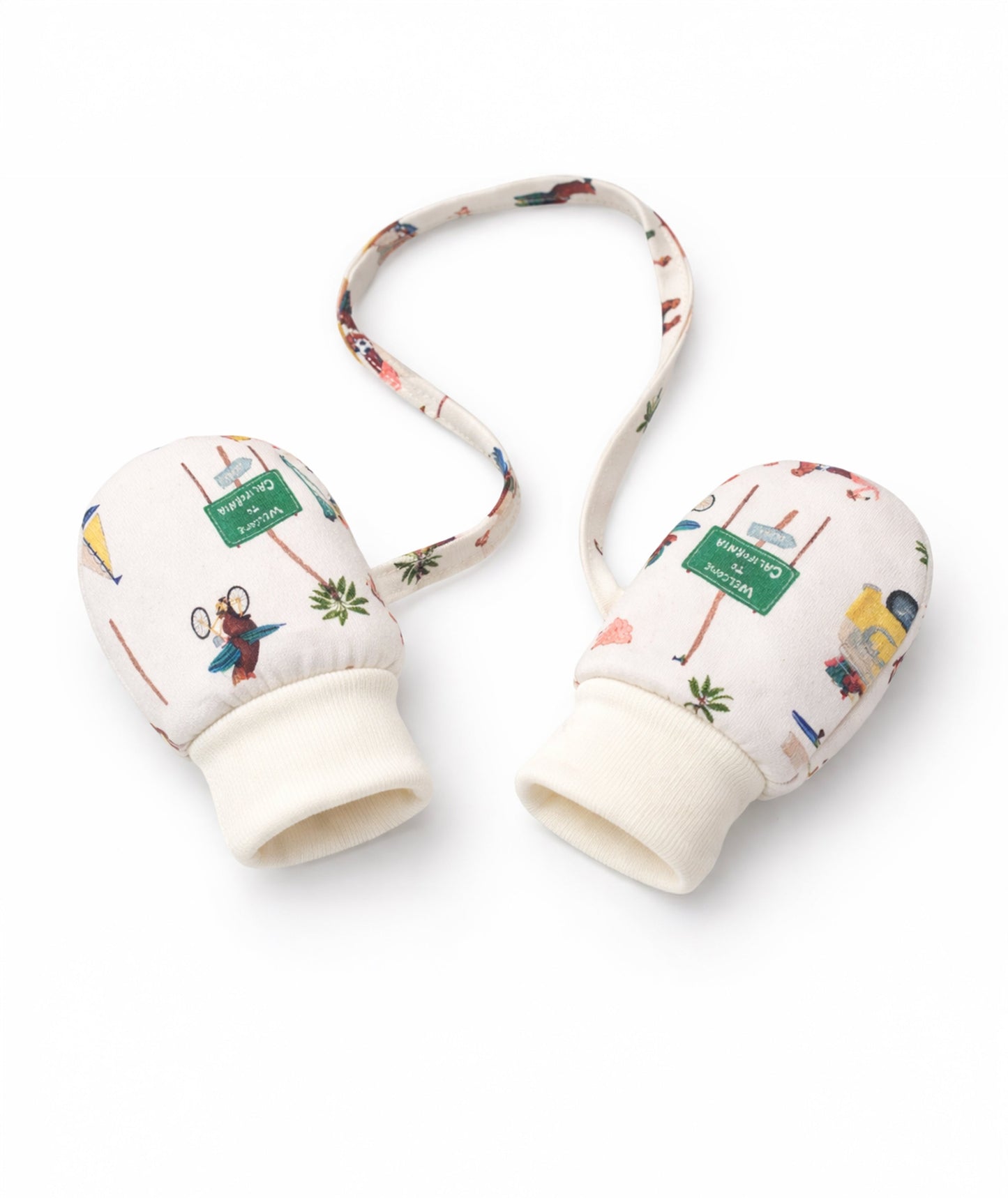 Pair of baby mittens with colorful pattern on a white background