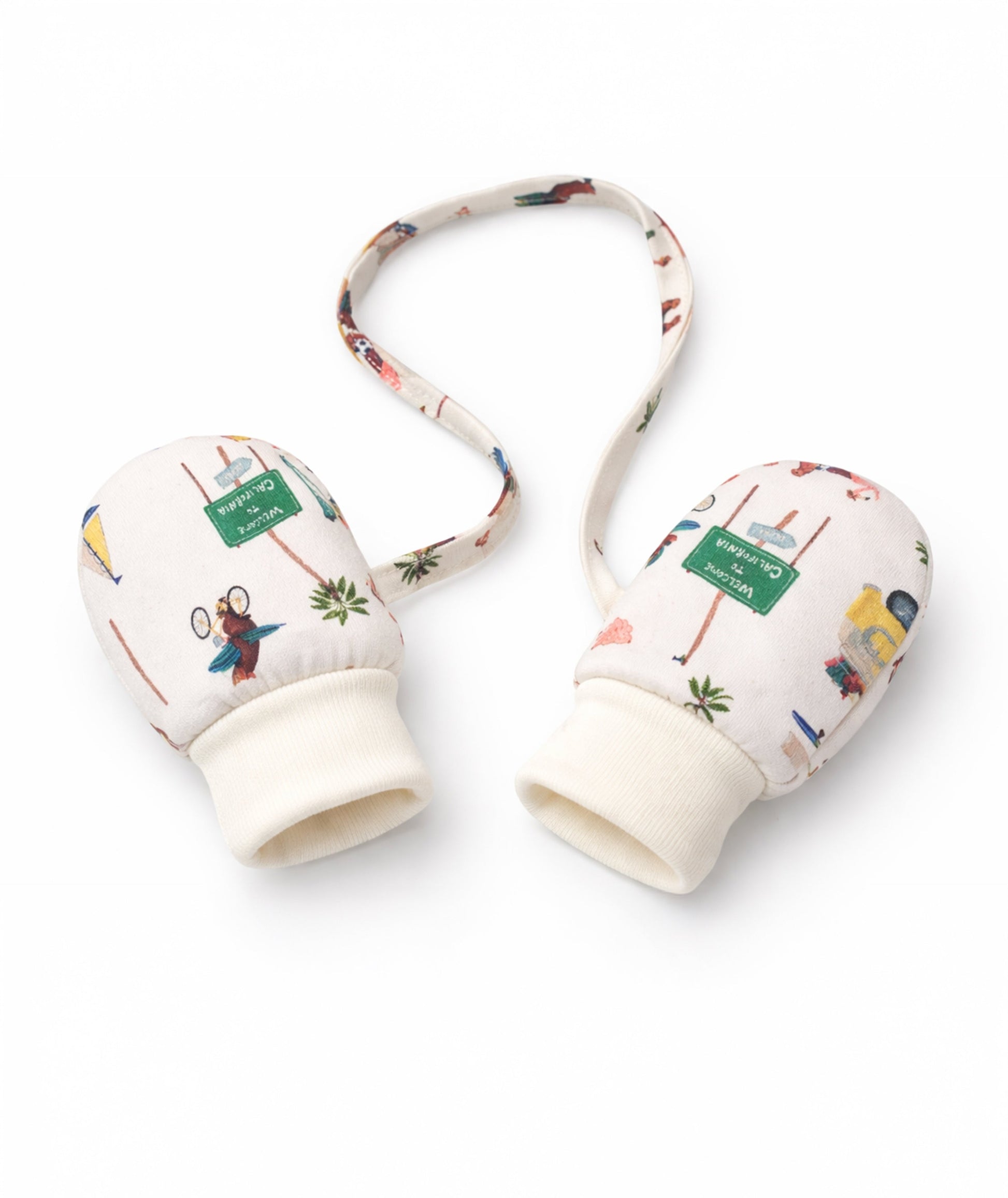 Pair of baby mittens with colorful pattern on a white background