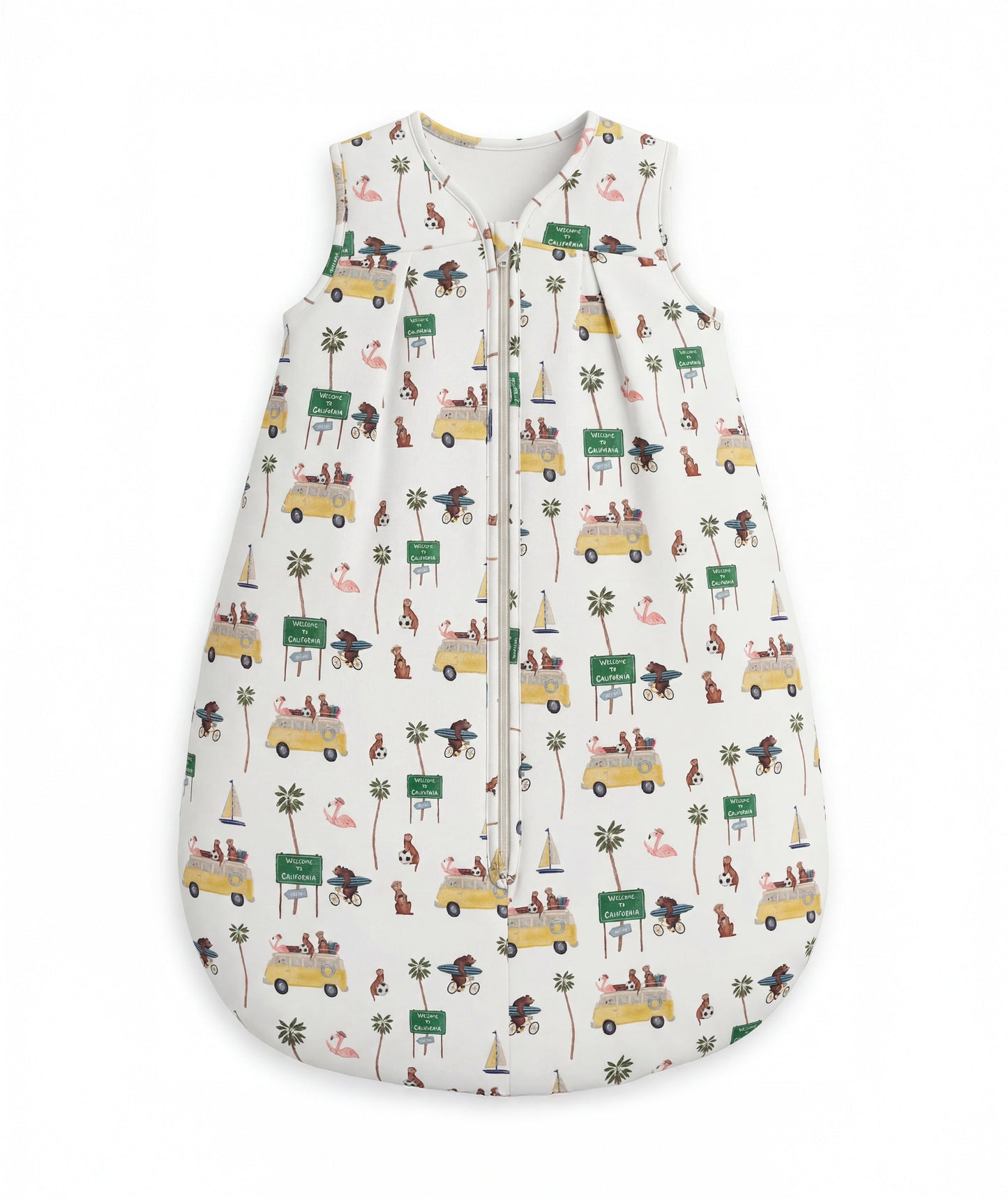 Baby sleeping bag with vehicle and nature pattern on a white background