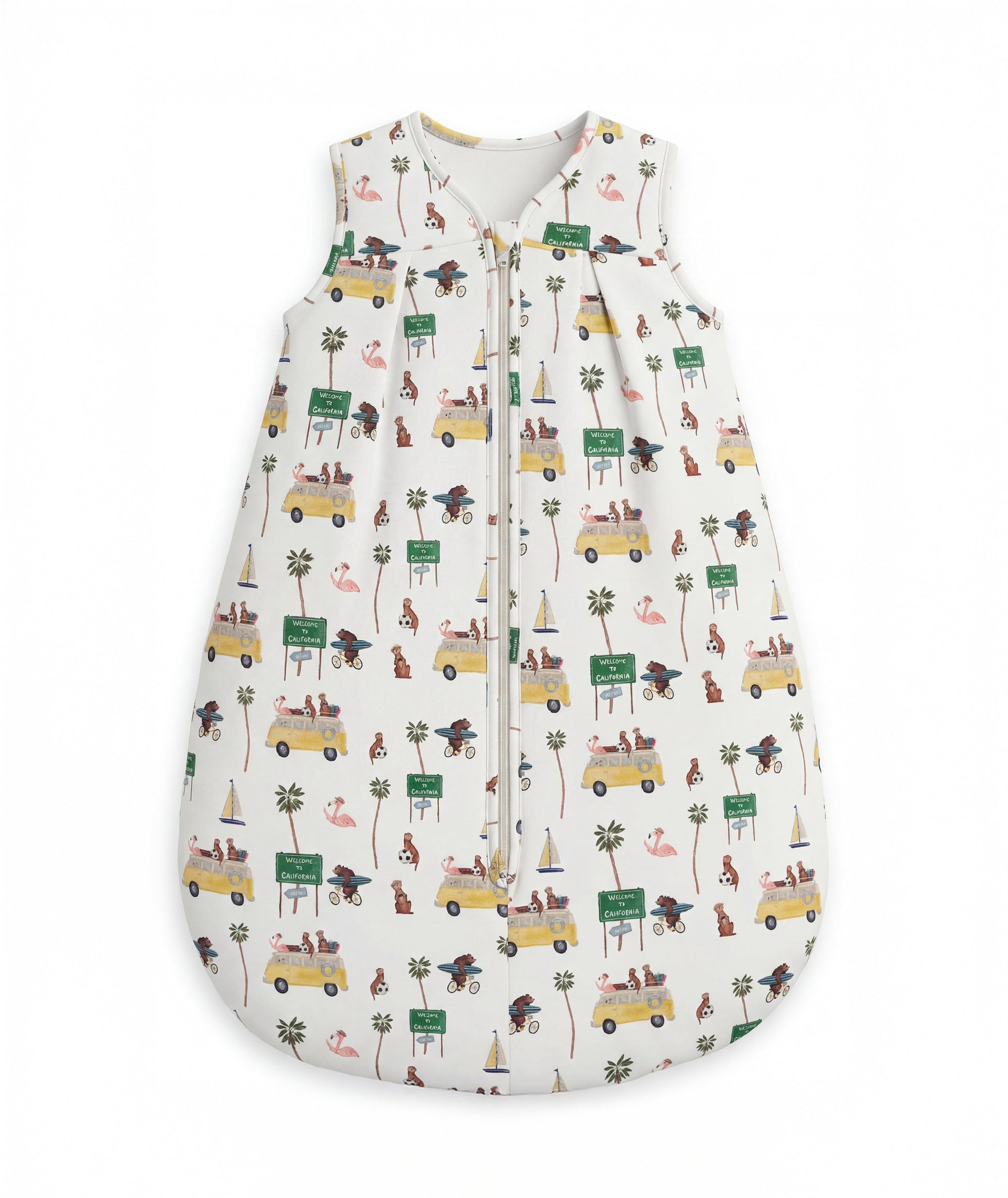 Baby sleeping bag with vehicle and nature pattern on a white background