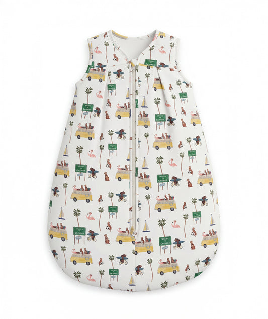 Baby sleeping bag with vehicle and nature pattern on a white background