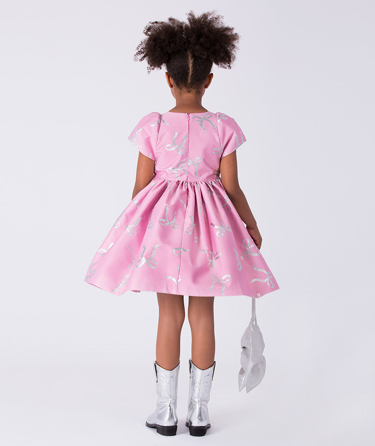 Pembe Işıltılı Fiyonklu Kız Çocuk Elbisesi