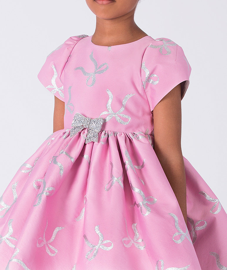 Pembe Işıltılı Fiyonklu Kız Çocuk Elbisesi