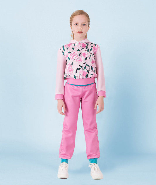 Girls' pink floral hoodie paired with matching pink jogger pants and blue cuffs