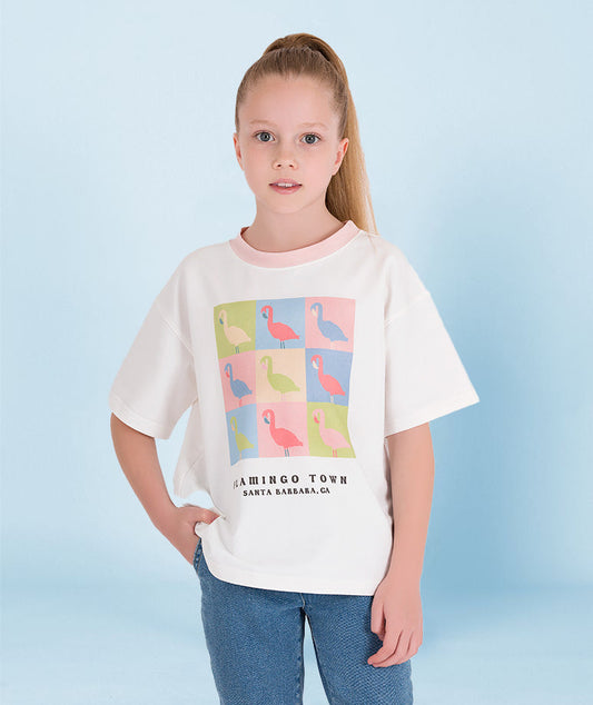 Flamingo Desenli Ecru Tişört | 3-4 Yaş