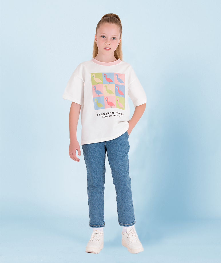 Flamingo Desenli Ecru Tişört | 3-4 Yaş