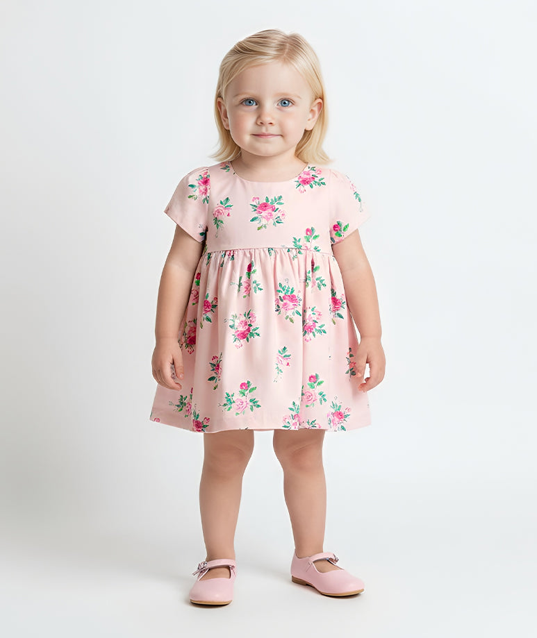 Pembe Mini Güllü Kısa Kollu Bebek Elbisesi