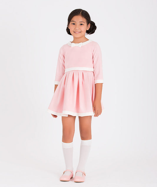 Beyaz şeritli pastel pembe çocuk elbisesi