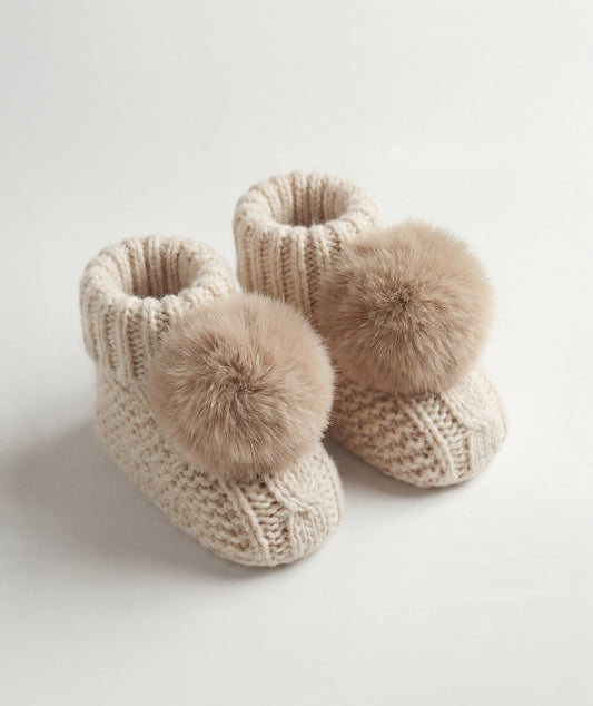 Warm Beige Pom Newborn Baby Booties