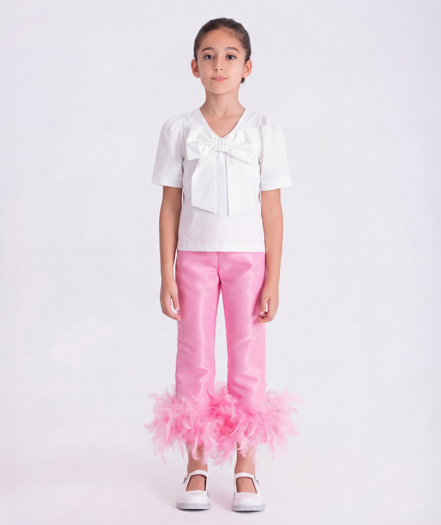 Tüylü Pantolon Fiyonklu Bluz Kız Çocuk Kombini | 2 Parça