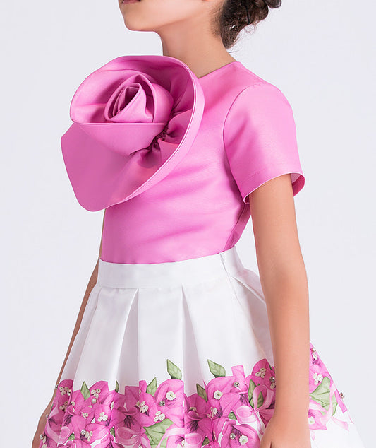 Close-up of crystal-embellished floral detail on a girls two-piece outfit, highlighting refined craftsmanship and elegant design.