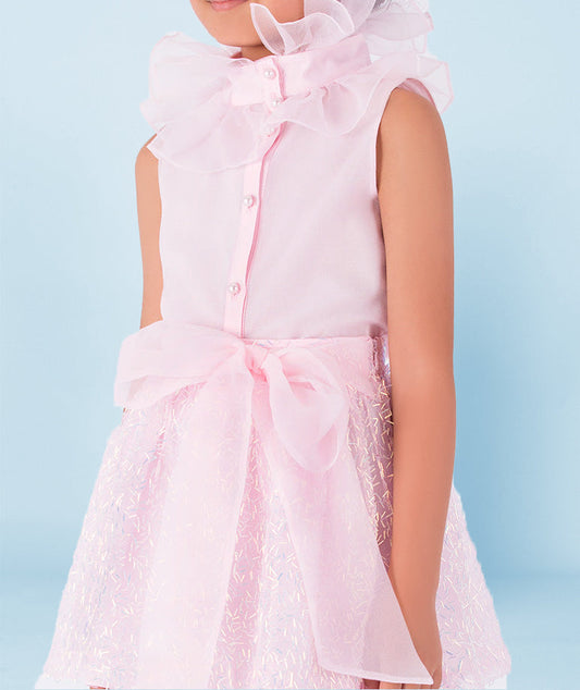 Organza Sıfır Kollu Pembe Bluz
