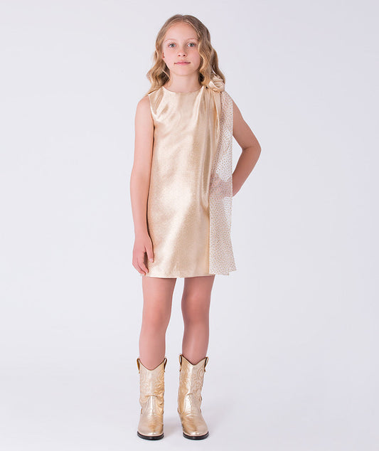 Front view of gold metallic girls dress with sculpted shoulder detail and dotted tulle overlay from Golden Amara collection.