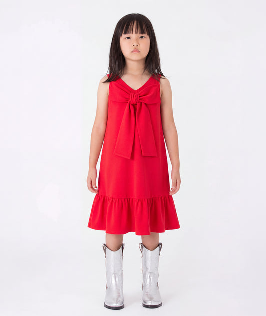 Kız Çocuk Kırmızı Askılı Fiyonk Detaylı Elbise