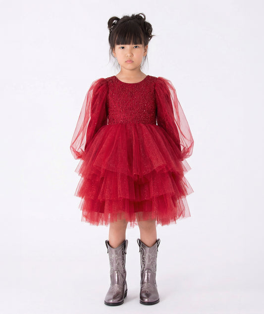 Kız Çocuk Bordo Kat Kat Tütü Elbise