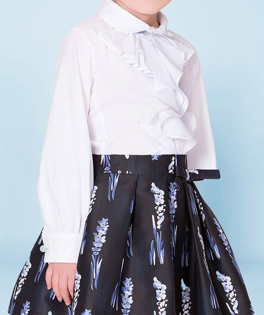 Girls' white long-sleeve ruffled blouse