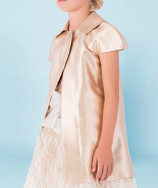 Elegant gold satin jacket and a sparkling feathery skirt