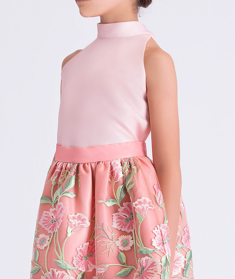 Close-up detail of the Embroidered Floral Girls Outfit highlighting the floral embroidery on sheer tulle skirt and smooth lightweight fabric of the top, cotton lined for comfort, ideal for festive events and elegant celebrations for ages 3–12.