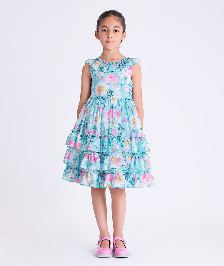 Enchanting Chiffon Girls Dress with floral chiffon fabric, tiered skirt, and ruffle neckline, front view girls occasion dress.