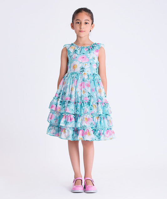 Enchanting Chiffon Girls Dress with floral chiffon fabric, tiered skirt, and ruffle neckline, front view girls occasion dress.
