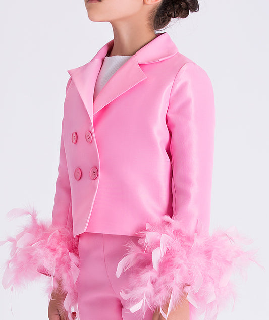 Tüy Kollu Pembe Kız Çocuk Ceketi
