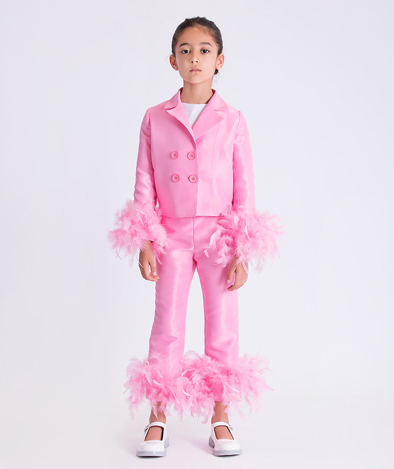 Tüy Kollu Pembe Kız Çocuk Ceketi